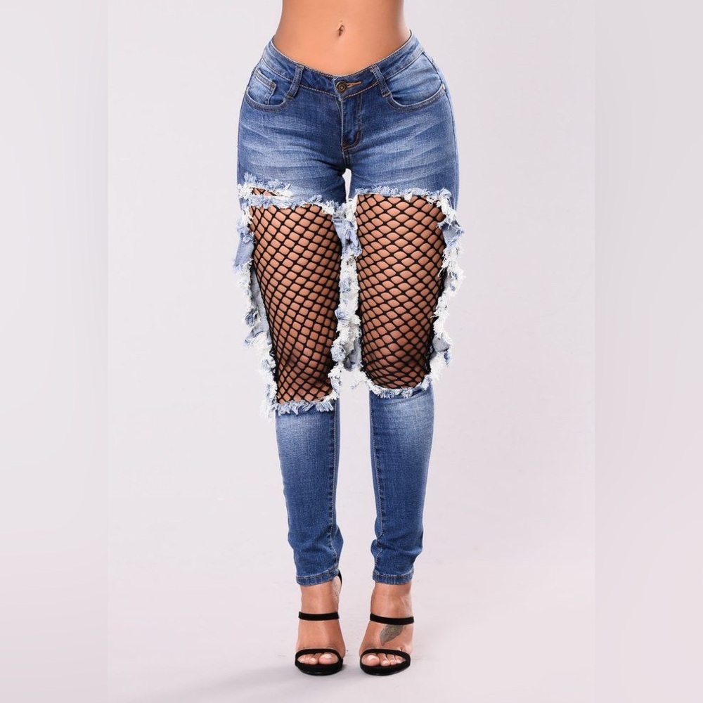 Fashion Nova Ambrose Fishnet Jeans 3 NEW